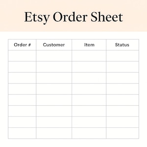 Könnte beinhalten: Ein leeres Etsy-Bestellformular mit hellbeigem Hintergrund. Der Titel "Etsy Order Sheet" steht in fetter, schwarzer Schrift oben. Darunter befindet sich ein Raster mit den Spalten "Order #", "Customer", "Item" und "Status".