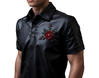Polo de cuero negro para hombre: bordado floral rojo, estilo western