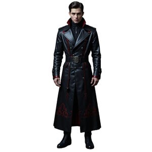 Men&#39;s Black Leather Gothic Trench Coat: Red Embroidery Vampire Steampunk Jacket