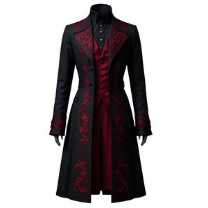 Puede incluir: Un abrigo largo negro con bordados florales rojos. El abrigo presenta un cuello alto, un chaleco rojo y una botonadura frontal. Las mangas son largas y el abrigo llega hasta la pantorrilla. El diseño es gótico y elegante.