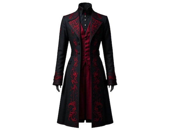 Gothic Tailcoat for Unisex | Victorian Long Coat with Red Embroidery | Steampunk Formal Jacket | Cotton Wedding Coat | Cosplay Costume