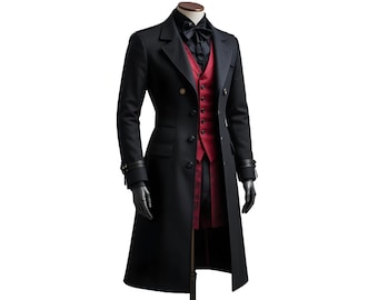 May include: A black overcoat with a red vest and black gloves. The coat has a double-breasted design with gold buttons and a notched lapel. The vest is a deep red color and has a button-up front. The outfit is displayed on a mannequin.
