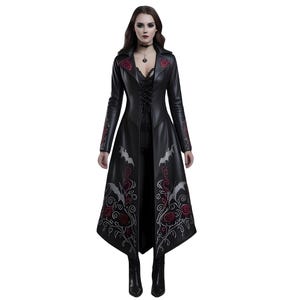 Dark Gothic Steampunk Leather Coat for Women – Long Vampire Overcoat with Bats & Roses Embroidery, Witch Cosplay Trench for Halloween