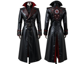Gothic Leather Vampire Trench Coat: Embroidered Steampunk Overcoat