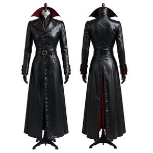 Victorian Gothic Leather Trench Coat: Red Velvet Dracula Collar, Unisex Cosplay