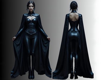 Conjunto de espartilho e capa gótica de couro | Fantasia sexy de vampira