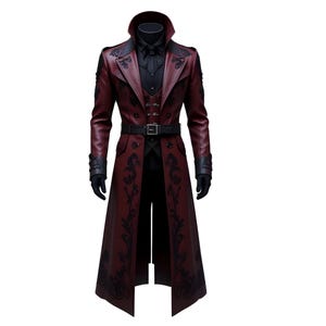 Puede incluir: Un abrigo largo burdeos con detalles florales negros, cinturón negro y cuello alto. El abrigo presenta un diseño cruzado y se combina con camisa, chaleco y guantes negros. Una prenda de vestir exterior elegante.