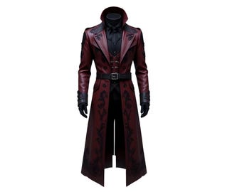 May include: A burgundy long coat with black floral accents, a black belt, and a high collar. The coat features a double-breasted design and is paired with a black shirt, vest, and gloves. The coat is a stylish piece of outerwear.