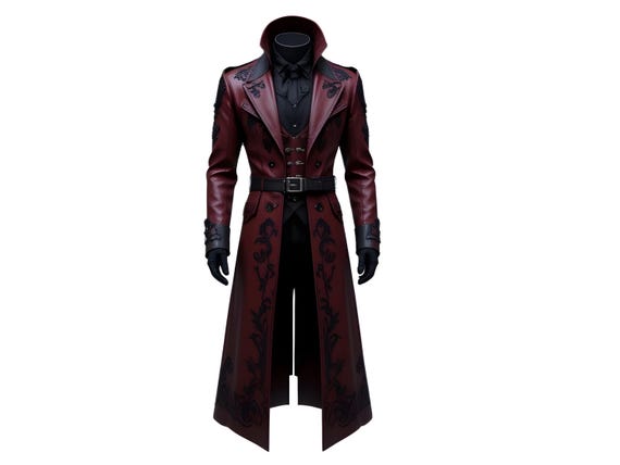 Gothic Vampire Leather Coat – Red & Black Embroidered Long Trench Jacket | Steampunk Victorian Cosplay Tailcoat | Festival Outfit Men