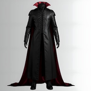 Vampire Lord Gothic Leather Coat | Long Black Genuine Leather Duster with Red Lining | Victorian Steampunk Cosplay Overcoat for Men & Women