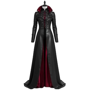 Genuine Leather Gothic Long Coat for Women – Victorian Vampire Trench Coat with Red Satin Lining – Steampunk Cosplay Jacket