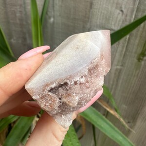 May include: A light pink and white crystal cluster with a pointed top. The crystal has a rough, textured surface with a cavity in the centre. The crystal is held in a hand, with green leaves and a wooden fence in the background.