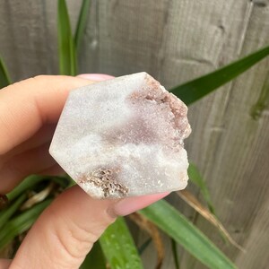 May include: A hexagonal crystal in shades of white and pale purple. The crystal has a rough, textured edge with a brown tone. The crystal is held in a hand, with green leaves visible in the background.