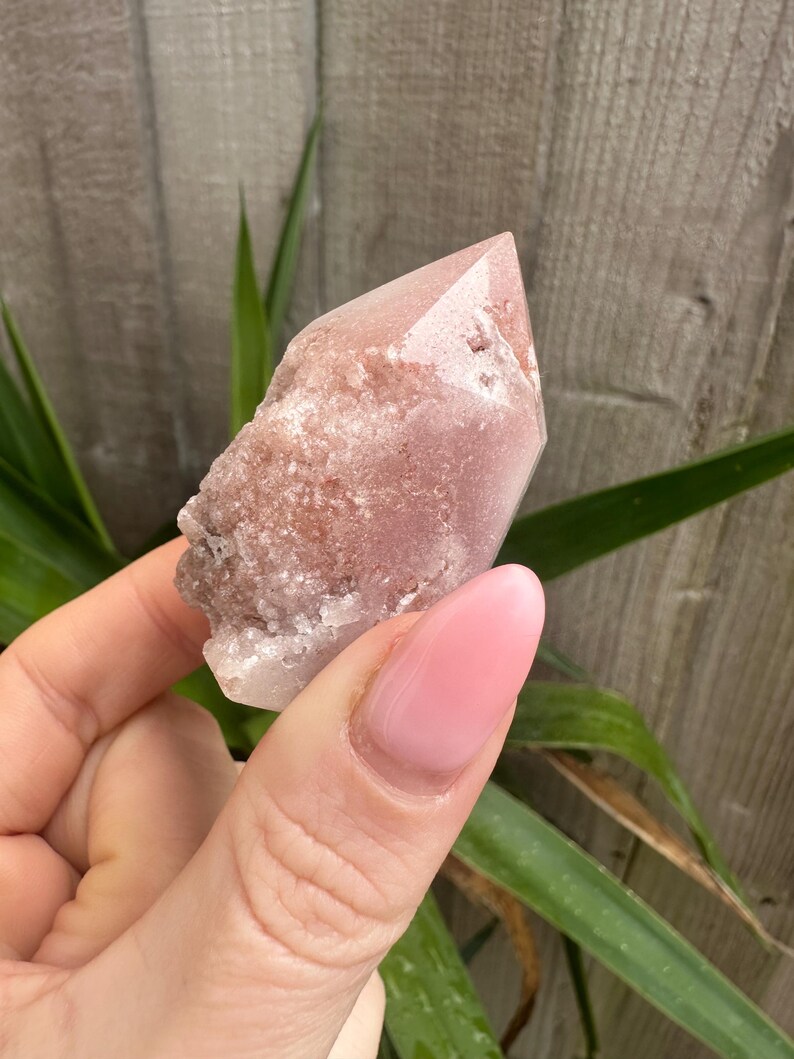 May include: A pink quartz crystal with a pointed tip and a rough, textured base. The crystal is held against a backdrop of green leaves and a wooden fence.
