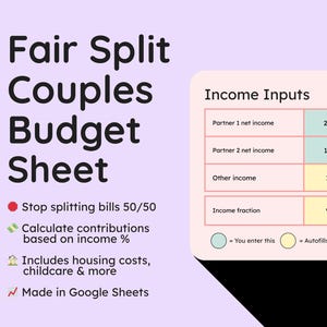 May include: A digital budget sheet for couples, titled "Fair Split Couples Budget Sheet." The sheet includes sections for income inputs, with fields for partner 1 and 2's net income, other income, and income fraction. It also includes a note about calculating contributions based on income percentage.