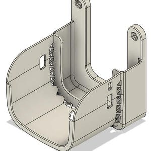May include: A light beige, 3D-rendered bracket with a U-shaped base and two vertical arms. The bracket features rectangular and triangular cutouts along the sides and arms, with circular holes at the top of the arms.