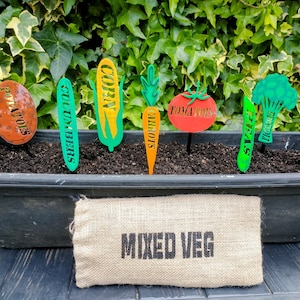Peut inclure: Un bac rectangulaire noir rempli de terre, contenant des marqueurs de jardin en bois colorés. Les marqueurs indiquent les noms de légumes : pommes de terre, concombres, maïs, carottes, tomates, pois et brocolis. Un sac en toile de jute avec "MIXED VEG" est devant.