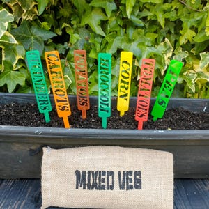May include: A collection of colorful garden plant markers, labeled with names like "Cucumbers," "Carrots," and "Tomatoes." A burlap sack with "MIXED VEG" printed on it sits in front of the planter box. The markers are in a variety of bright colors.
