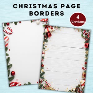 May include: Two Christmas page borders with festive decorations. One border features a white background, while the other has a white wood grain background. Both borders are adorned with candy canes, ornaments, and gift boxes. The text "CHRISTMAS PAGE BORDERS" is at the top.