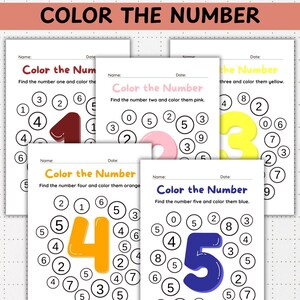 Może przedstawiać: Prezentowanych jest pięć edukacyjnych arkuszy roboczych zatytułowanych "Color the Number". Każdy arkusz zawiera inną liczbę, od jeden do pięciu, z instrukcjami pokolorowania liczby w określonym kolorze. Liczby są w r&oacute;żnych kolorach.
