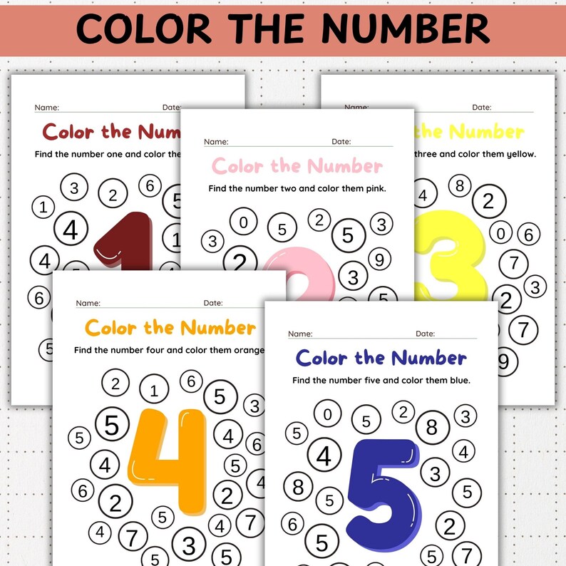 Może przedstawiać: Prezentowanych jest pięć edukacyjnych arkuszy roboczych zatytułowanych "Color the Number". Każdy arkusz zawiera inną liczbę, od jeden do pięciu, z instrukcjami pokolorowania liczby w określonym kolorze. Liczby są w r&oacute;żnych kolorach.