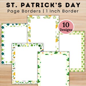 May include: St. Patrick's Day page borders with a 1-inch border. The image shows five designs with white centers and borders featuring shamrocks, leprechaun hats, rainbows, and other festive elements. A pink circle indicates 10 designs.