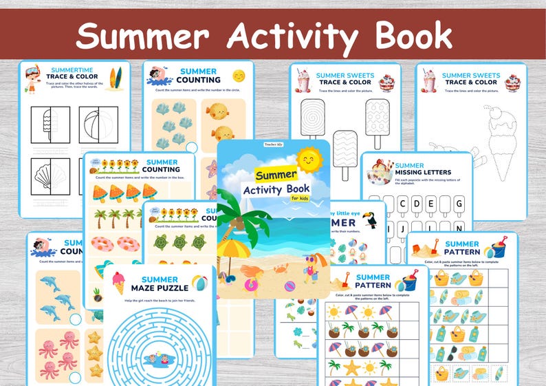 May include: A collection of summer-themed activity pages for kids. The pages include tracing, counting, maze puzzles, and pattern recognition exercises. The cover of the book features a beach scene with a sun, palm trees, and beach toys. The title "Summer Activity Book" is displayed prominently.