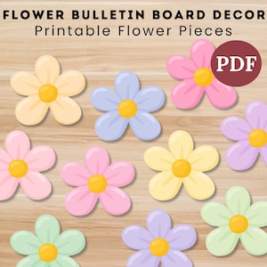 Puede incluir: Decoración de tablón de anuncios con flores coloridas. La imagen muestra varias flores de colores pastel, incluyendo rosa, amarillo, azul y verde, con centros amarillos. Las flores están dispuestas sobre un fondo de madera, con un icono PDF.