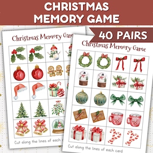 May include: Two sheets of a Christmas Memory Game with festive illustrations. The game includes images of ornaments, snowmen, gifts, and candy canes. The text at the top reads "CHRISTMAS MEMORY GAME" and "40 PAIRS".