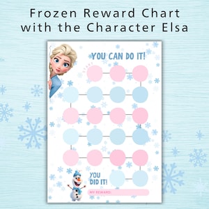 以下が含まれることがあります： 「アナと雪の女王」のエルサが登場する報酬チャート。進捗状況を追跡するためのピンクと青の円があります。チャートには「YOU CAN DO IT！」と「YOU DID IT！」というフレーズと報酬のスペースが含まれています。