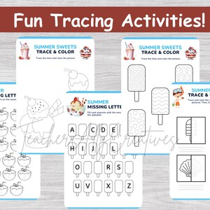 May include: A collection of summer-themed tracing activity sheets for kids. The sheets feature images of ice cream, popsicles, coconuts, and other summer treats. The text "Fun Tracing Activities!" is at the top.