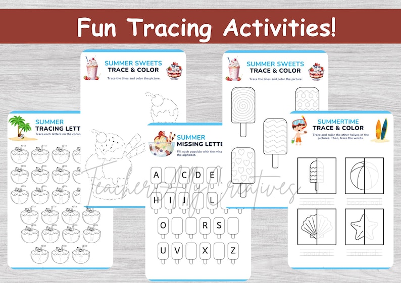 May include: A collection of summer-themed tracing activity sheets for kids. The sheets feature images of ice cream, popsicles, coconuts, and other summer treats. The text "Fun Tracing Activities!" is at the top.