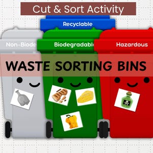 Könnte beinhalten: Lehrreiches Bild mit vier farbigen Mülltonnen: grau, grün, blau und rot. Beschriftet mit "Non-Biodegradable", "Biodegradable", "Recyclable" und "Hazardous". Der Text "Cut & Sort Activity" und "WASTE SORTING BINS" sind ebenfalls zu sehen.