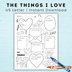 Peut inclure: Une feuille de travail imprimable en noir et blanc intitulée "THE THINGS I LOVE" avec des sections à remplir. Comprend un crayon et une pièce de puzzle. La feuille de travail est conçue pour un téléchargement instantané.