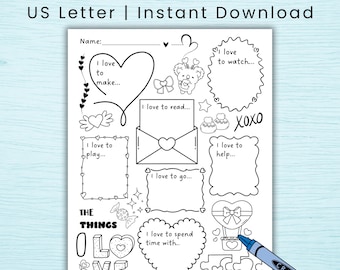 All About Me Worksheet, Valentine's Day Writing Activity, The Things I love (Digital Download)