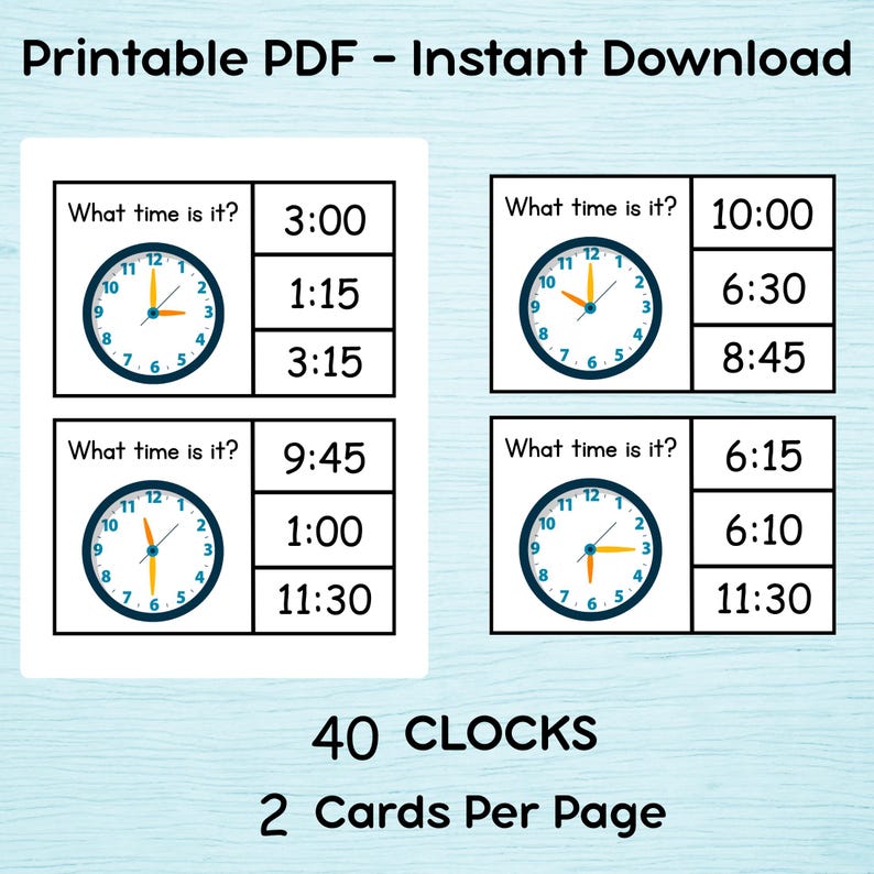 Printable Telling Time Clip Cards: Learning Time Clock Activity Binder ...