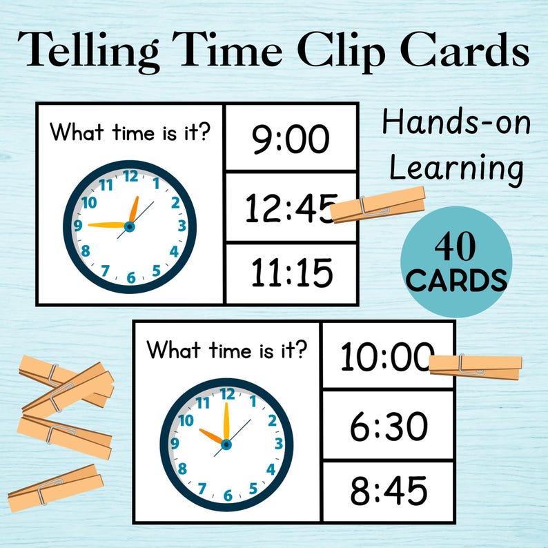 Printable Telling Time Clip Cards: Learning Time Clock Activity Binder ...