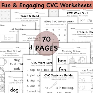 Puede incluir: Un conjunto de 70 hojas de trabajo CVC para la alfabetización temprana. Las hojas de trabajo incluyen actividades como trazar, emparejar imágenes, ordenar palabras y construir oraciones. El título "Fun & Engaging CVC Worksheets" se muestra en la parte superior.