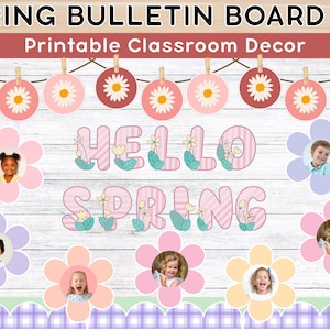 Hallo Frühling Bulletin Board Kit druckbare, bearbeitbare Klassenzimmer Blume Fotorahmen Dekor, Gingham Borders