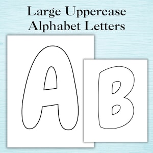 Könnte beinhalten: Zwei weiße Karten mit schwarzen Umrissen der Großbuchstaben "A" und "B". Der Text "Large Uppercase Alphabet Letters" ist oben im Bild zu sehen. Die Buchstaben haben ein abgerundetes, blasenartiges Design.