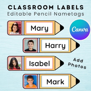 Op de afbeelding: Klassenlabels met bewerkbare potloodnaamlabels. Het ontwerp bevat vier potloodvormige naamlabels met de namen Mary, Harry, Isabel en Mark. Elk label bevat een foto en het Canva-logo.