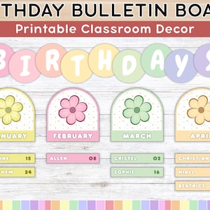 May include: A printable classroom decor piece with the text "BIRTHDAY BULLETIN BOARD" and "Printable Classroom Decor". It features a colorful design with the word "BIRTHDAYS" across the top and birthday month cards below.