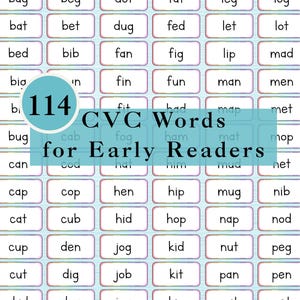 Puede incluir: Un gráfico educativo colorido con palabras CVC (consonante-vocal-consonante) para lectores principiantes. El gráfico incluye 114 palabras, cada una mostrada en una tarjeta rectangular con un borde azul claro. Las palabras están dispuestas en una cuadrícula.