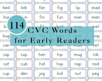 CVC-woordenlijst-flashcards: fonetiek vroeg lezen (digitale download pdf)