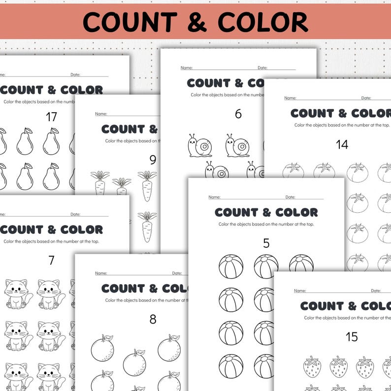 Może przedstawiać: Edukacyjne arkusze pracy "COUNT & COLOR" z ilustracjami do ćwiczenia liczenia. Arkusze zawierają obrazy gruszek, ślimak&oacute;w, marchewek, pomidor&oacute;w, piłek plażowych, truskawek, pomarańczy i kot&oacute;w. Każdy arkusz ma numer.