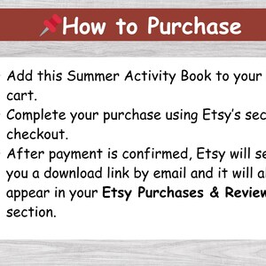 May include: A graphic with the text "How to Purchase" and instructions for buying a Summer Activity Book on Etsy. The instructions include adding the book to the cart, completing the purchase, and receiving a download link.