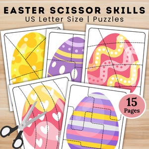 May include: Easter-themed scissor skills activity set. The set includes several puzzle pages with colorful Easter egg designs, each divided into sections for cutting practice. The text at the top reads "EASTER SCISSOR SKILLS US Letter Size | Puzzles". A pair of scissors is included.