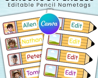 Editable Pencil Name Tags with Photo: Classroom Desk Labels (Digital Download)
