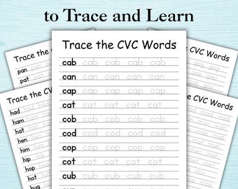 Hojas de trabajo para trazar palabras CVC: Práctica de escritura y lectura para preescolar y kínder (Descarga digital)