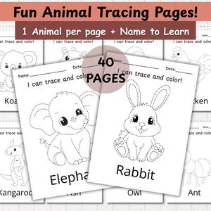 Op de afbeelding: Een set traceerpagina's voor kinderen met illustraties van dieren, waaronder een koala, een olifant en een konijn. Elke pagina heeft ruimte om de naam van het dier te schrijven en een opdracht om te traceren en in te kleuren. De titel luidt "Fun Animal Tracing Pages!" met 40 pagina's.